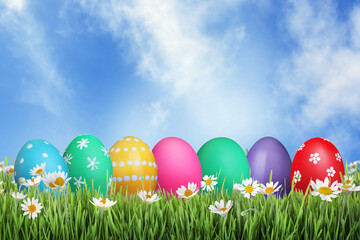 Bright Easter eggs and spring flowers on green grass outdoors