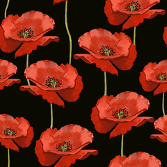 Seamless pattern with wild red poppies. Poppy flowers. Seamless background pattern of poppy flowers.
