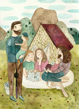 A family camping in the middle of the mountains