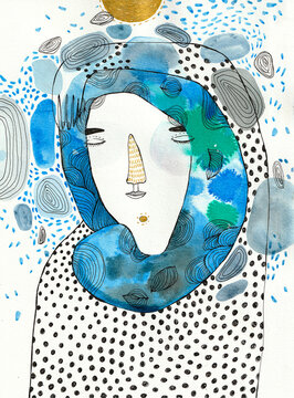 Portrait with blue hair and bubbles and patterns around