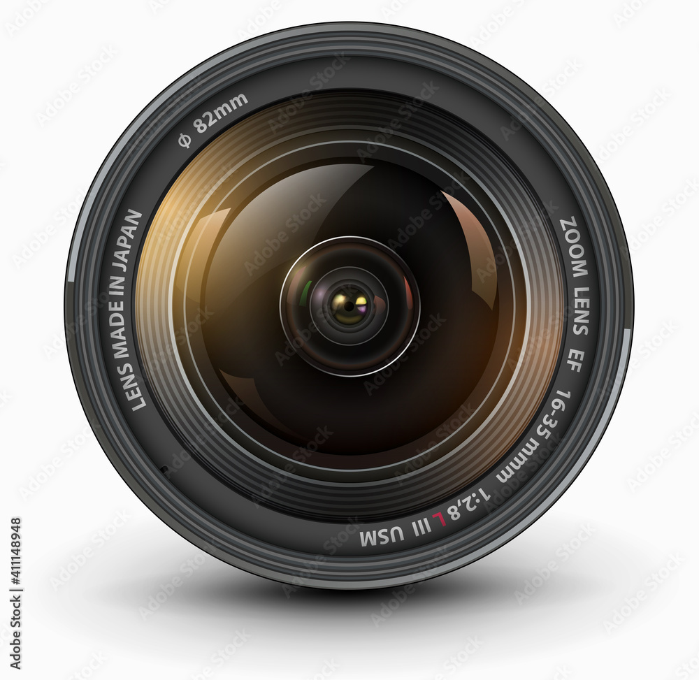 Poster camera photo lens, front view, realistic 3d vector icon.