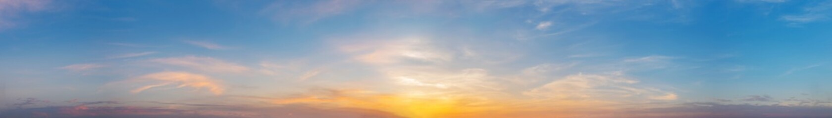 Dramatic panorama sky with cloud on sunrise and sunset time. Panoramic image...