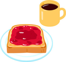 イチゴジャムを塗ったトーストとコーヒー