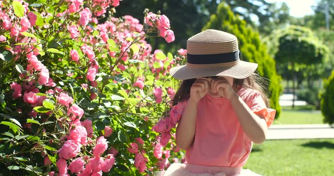 Pretty Caucasian girl of five years old with long brown hair in a pink T-shirt and straw hat, rubbing her eyes with hands near rose bushes  in a park on sunny day. 4k 50 fps slow motion