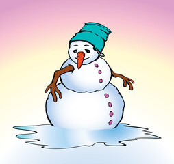 Snowman in snow. Vector drawing.