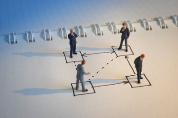 Business decision concept. Businessman thinking with doodle drawing exchange box.