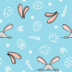 Pattern with Easter eggs and hare ears. Eggs and ears of the Easter Bunny. Vector illustration. White outline on a blue background.