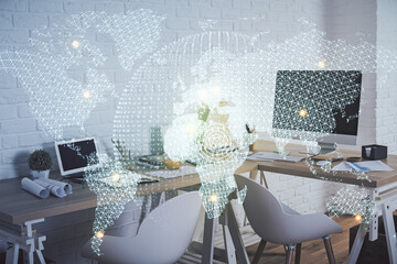 Double exposure of business theme drawing and office interior background. Concept of success