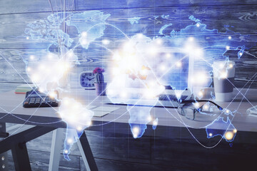 Double exposure of business theme drawing and office interior background. Concept of success