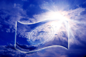 horoscope with zodiac ring, sky and light like astrology concept