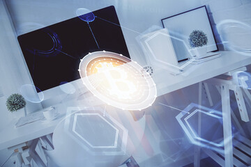Double exposure of crypto technology theme drawing and office interior background. Concept of...