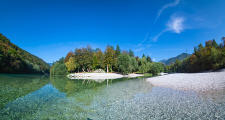 Beautiful place in Tolmin at confluence of the Soča and Tolminka rivers

