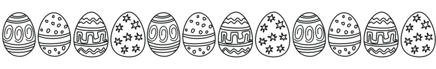 Easter Seamless border of black and white eggs. Repeating ornament for Easter - sets of decorated 
monochrome eggs outline, stroke, coloring. White background  strip border . Vector illustration.