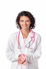 Female doctor holding breast cancer ribbon