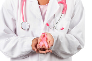 Female doctor holding breast cancer ribbon