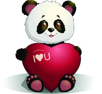 Happy Valentine's Day with panda holding a Love Heart. Smiling Animal character for congratulation with wedding, birthday card and poster. Clipart isolated. Panda vector illustration in cartoon style