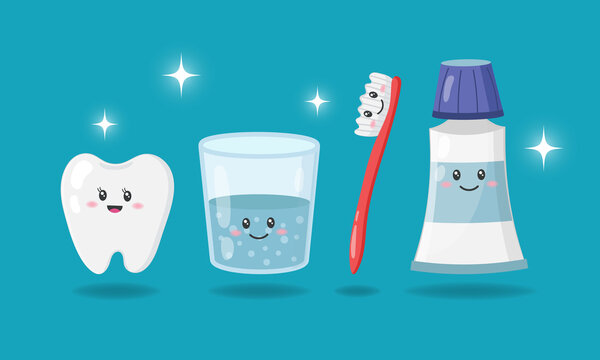 Tooth, a glass of water, toothbrush, toothpaste. Cartoon set of elements for healthy teeth. Dental kids care. Vector illustration