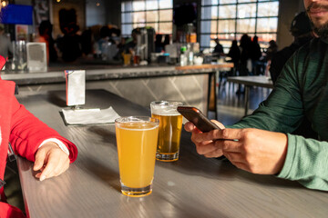 Friends celebrating with beers in a pub