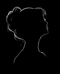 A drawn profile of a woman on a black background in white