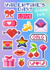 Set of stickers for Valentines Day. Pixel art.