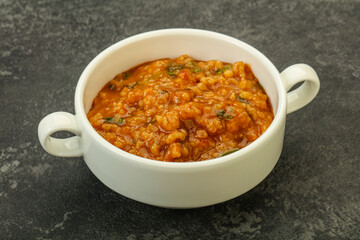 Traditional Georgian Kharcho soup with meat