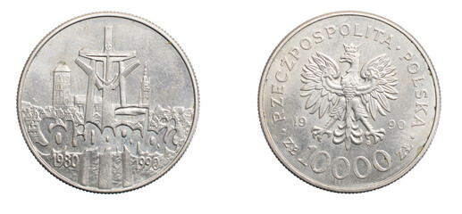 Ten thousand Polish zloty coin on a white isolated background