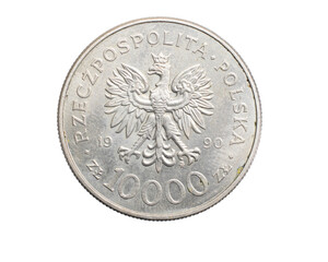 Ten thousand Polish zloty coin on a white isolated background