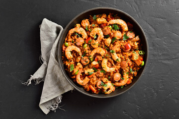Jambalaya with chicken, smoked sausages and vegetables