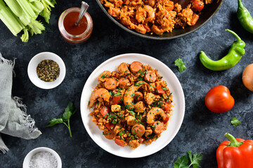 Creole jambalaya with chicken, smoked sausages and vegetables