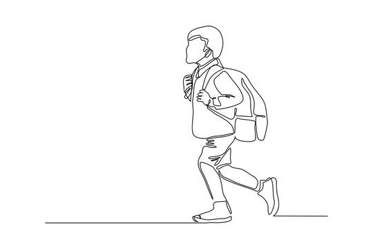 Continuous Line Drawing Of Little Boy Man Walking On The Street. Concept Of Student Person With Bag Go To School. Vector Illustration