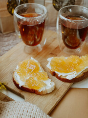 breakfast with tea and bread