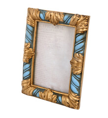 Gold blue photo frame with carved ornament and yellow flowers isolated on white background