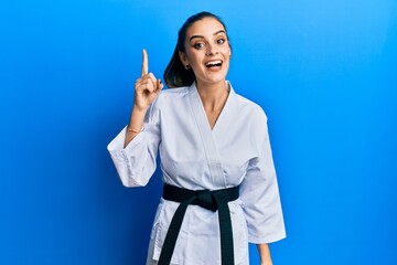 Beautiful brunette young woman wearing karate fighter uniform with black belt pointing finger up with successful idea. exited and happy. number one. © Krakenimages.com