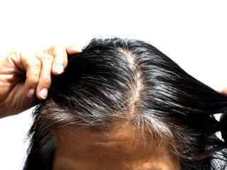 Fototapeta premium A woman shows her grey hair roots, standing in front of white background. She's pulling her hair with her hands. People, beauty concept.