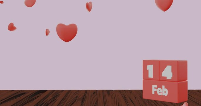 3D rendering, Stop motion of Calendar Showing the Fourteenth of February and Several red hearts dropped from above ,Valentine's day concept, 3D illustration