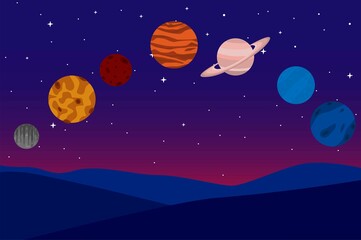 Planets in night sky landscape vector illustration