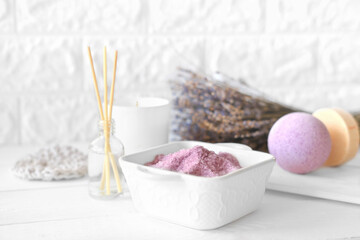 lavender as calming and soothing ingredient for bath soak, bubble bath bomb and scented candle. relaxing fragrance of lavender flowers for good sleep and relax. selective focus