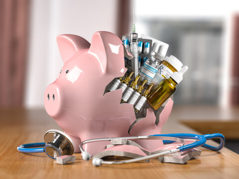 Piggy bank with stethoscope, meds, pills and vaccine. Healthcare, pharmacology, savings of doctors, medical insurance and cost of health concept.