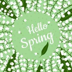 Postcard in green pastel colors "Hello, Spring" with lilies of the valley. Template for fashion prints on cups, pillows, textiles, clothes, T-shirts. Vector graphics.