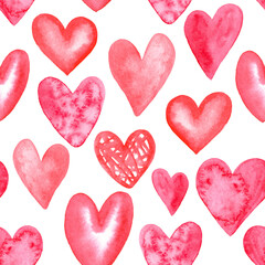 watercolor red hearts seamless pattern on white background. Valentines day print
