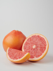 Fresh grapefruits and a glass of grapefruit juice on a white wooden background with a copy space. Close-up.