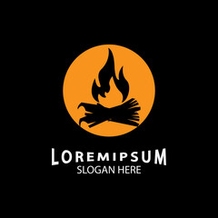 vintage Hipster bonfire Campfire logo badge label vector illustration on black background. Crossed logs of wood and fire flame Classic badge