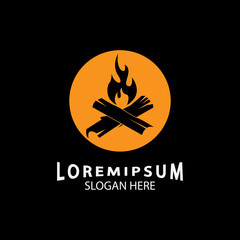 vintage Hipster bonfire Campfire logo badge label vector illustration on black background. Crossed logs of wood and fire flame Classic badge