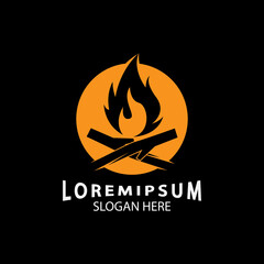 vintage Hipster bonfire Campfire logo badge label vector illustration on black background. Crossed logs of wood and fire flame Classic badge