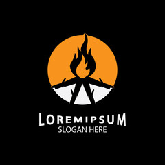 vintage Hipster bonfire Campfire logo badge label vector illustration on black background. Crossed logs of wood and fire flame Classic badge