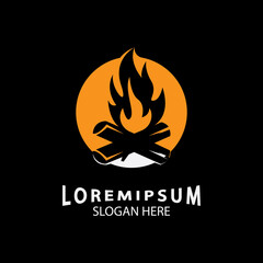 vintage Hipster bonfire Campfire logo badge label vector illustration on black background. Crossed logs of wood and fire flame Classic badge