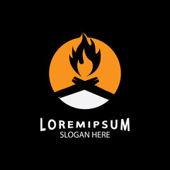 vintage Hipster bonfire Campfire logo badge label vector illustration on black background. Crossed logs of wood and fire flame Classic badge