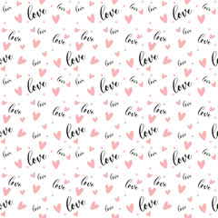 Pink heart, dot, hand write love on a white background. Designed for use as pattern, fabric, gift, banner and more. Vector illustration.