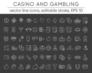 Casino and gamble set. Collection of vector line icons with elements for mobile concept and web app. Icons of slot machine, roulette, playing cards, dice, poker and more. Design with editable stroke.