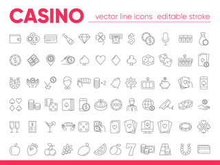 Casino and gamble set. Collection of vector line icons with elements for mobile concept and web app. Icons of slot machine, roulette, playing cards, dice, poker and more. Design with editable stroke.
